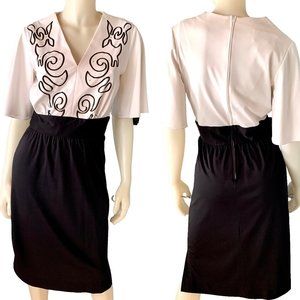 Vintage Shaheen Black and White Print Midi Dress Size 8 Faux Soutache Swirl Bead